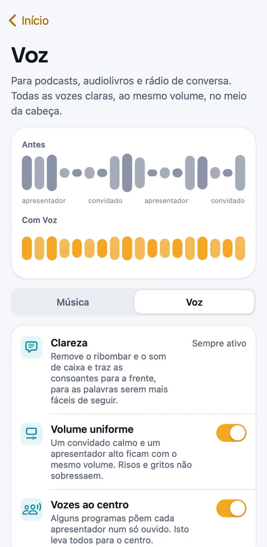 Ecrã do modo Voz com clareza, volume uniforme e vozes ao centro